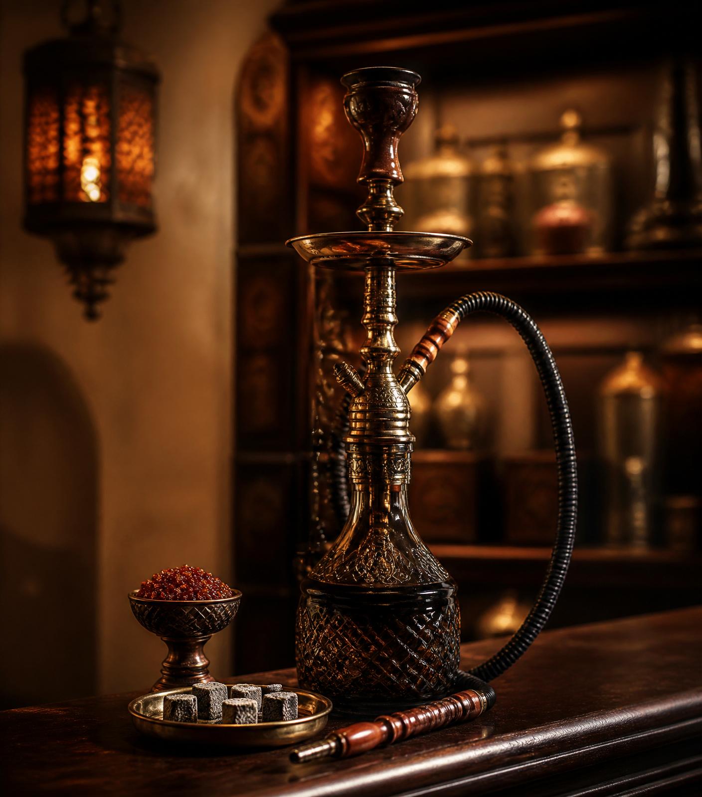 Ornate brass shisha hookah with a bowl of shisha tobacco and coconut charcoal on a walnut counter